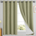 Yakamok Linen Sage Curtains 100% Blackout 63 Inches Long,Room Darkening Textured Curtains for Living Room Thermal Grommet Bedroom Curtain 2 Panels with Greyish White Liner