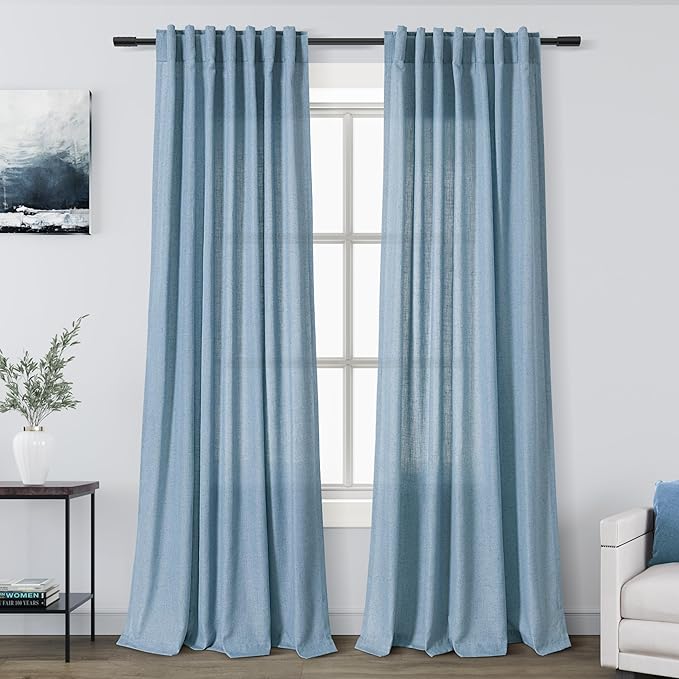 Nanspring Dusty Blue Linen Curtains 95 Inch Length for Living Room 2 Panel Set Burlap Textured Semi Sheer Linen Drapes Rustic Country Window Treatment Farmhouse Drop Cloth Curtain for Dinning Room