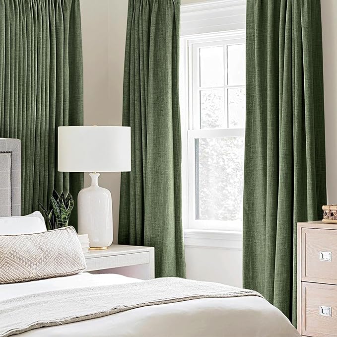 MIULEE 100% Blackout Linen Textured Curtains for Bedroom Solid Thermal Insulated Olive Green Grommet Room Darkening Curtains & Drapes Luxury Decor for Living Room Nursery 52 x 54 Inch (2 Panels)