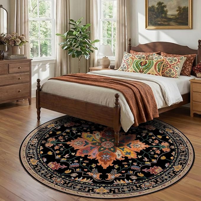 RELEANY Area Rugs 8ft Washable Non-Slip, Floral Vintage Distress Print Pattern Medallion Carpet for Living Room Bedroom Dining Room, Black Colorful Floral Dark Tan
