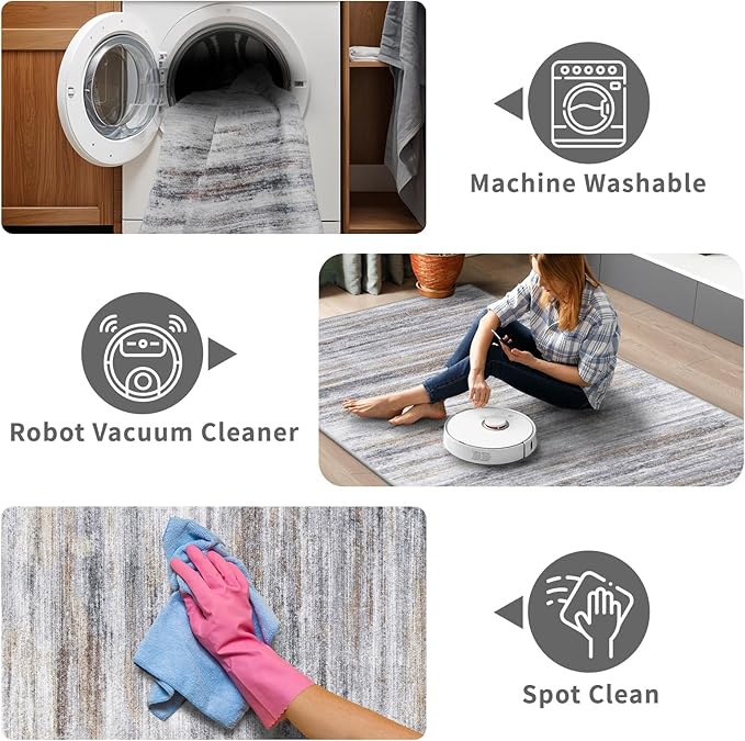 Washable Kitchen Runner Rug for Family: Easy-to-Clean Runners for Hallway Entryway Bedroom - Stain and Water Resistant Rugs with Non-Slip Backing - Soft Low-Pile Carpet 2x6 Beige Grey