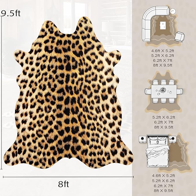 AROGAN Western Decor Faux Fur Leopard Rug, 8 x 10 Feet Premium Animal Skin Leopard Hide Rug, Sturdy Cheetah Print Rugs for Wall Decor, Western Floor Carpet for Bedroom Living Room, Black and Gold