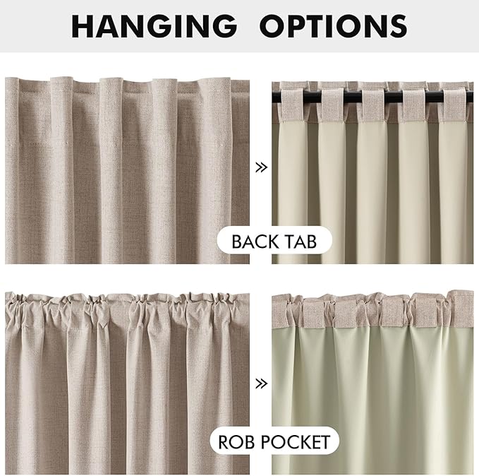 MIULEE 100% Blackout Linen Curtains for Bedroom, Beige Solid Luxury Decor Thermal Insulation Room Darkening Drapes for Living Room Nursery Back Tab Rod Pocket 42 x 96 Inches, 2 Panels