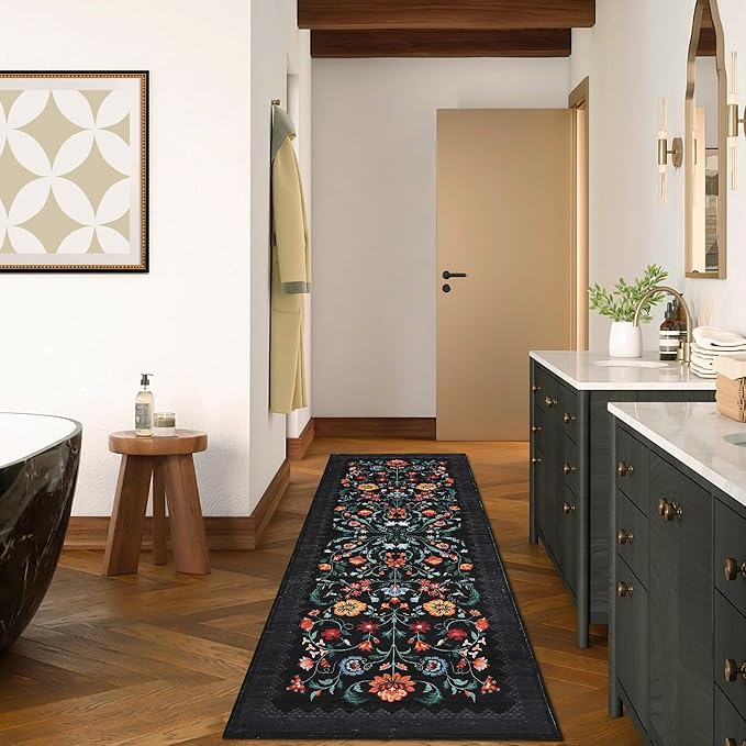 GarveeHome Floral Rug 2x6 Runners for Hallways, Boho Kitchen Runner Rugs Non Slip Bath Runners, Vintage Washable Runner Rug for Bedroom, Soft Long Rugs for Entryway Bathroom Laundry Dorm, Black