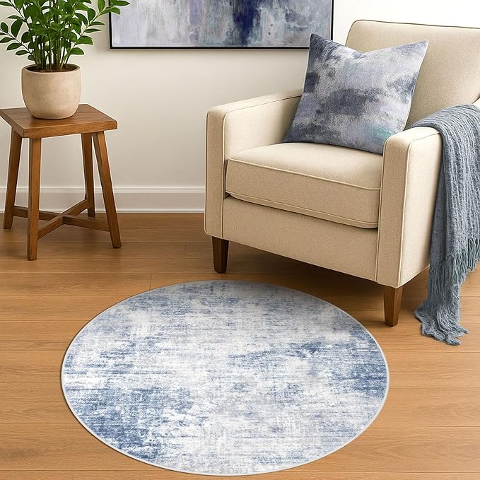 IOHOUZE Round Area Rug 3 Ft Circle Entryway Rugs Round Washable Door Mat Indoor Entrance, Non Slip Circle Front Door Rug, Printed Abstract Faux Wool Floor Carpet for Foyer Porch Sink, Light Blue Grey