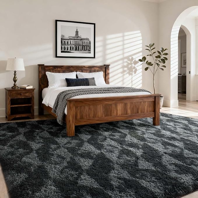 8x10 Ft Extra Large Shag Rugs for Bedroom Living Room for Men Boys, Tie Dyed Ultra Soft Fluffy Furry Area Rug for Indoor Floor, Aesthetic Carpet for Home Decor (Black Grey)