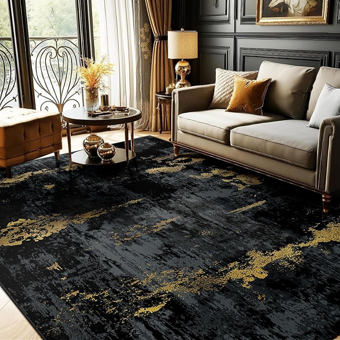 Washable Area Rugs 6'x9' Non-Slip Modern Abstract Soft for Living Room Entryway Bedroom Nursery, Print Pattern, Dark Black Gold
