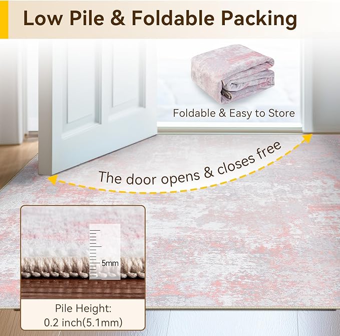Washable Area Rugs 2'x10' Non-Slip Modern Abstract Soft for Living Room Entryway Bedroom Nursery, Print Pattern, Grey Pink