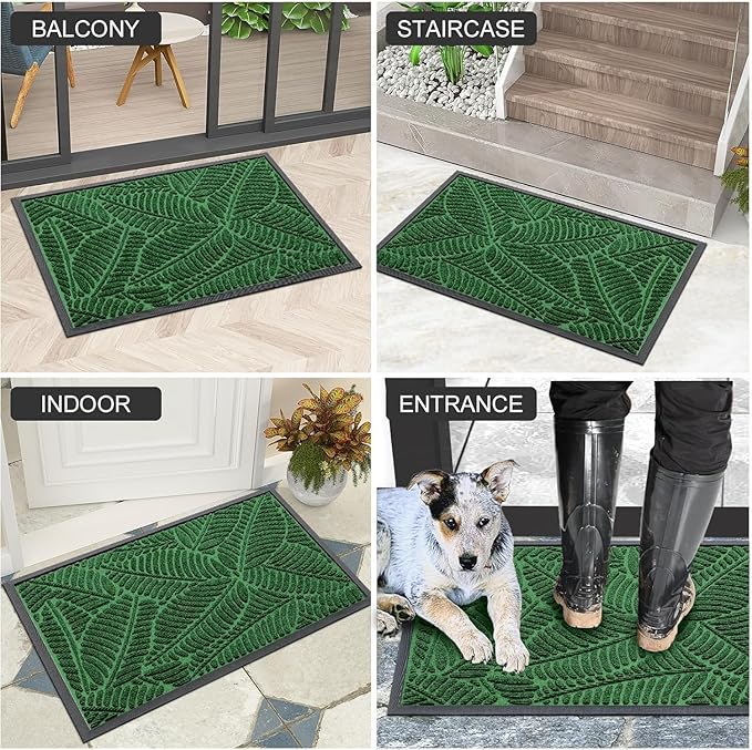 Colorxy Waterproof Doormat, Sturdy Natural Rubber Front Indoor Mat, Non Slip Low Profile Indoor Outdoor Door Mats, Stain and Fade Resistant Floor Mat, Easy Clean Patio Entrance Mat, 59''x23'', Green