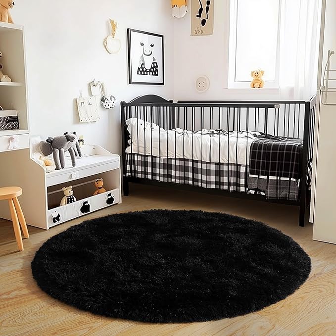 4'x4' Black Round Rug for Bedroom, Ultra Soft Fluffy Circle Rug for Kids Girls Boys Room, Cute Shag Rugs for Living Room Playroom Teen Room Home Decor Rug
