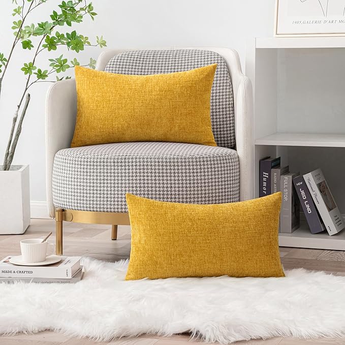 MIULEE Pack of 2 Mustard Yellow Throw Pillow Covers 12x20 Inch Soft Spring Chenille Lumbar Pillow Covers for Sofa Living Room Couch Solid Dyed Cases