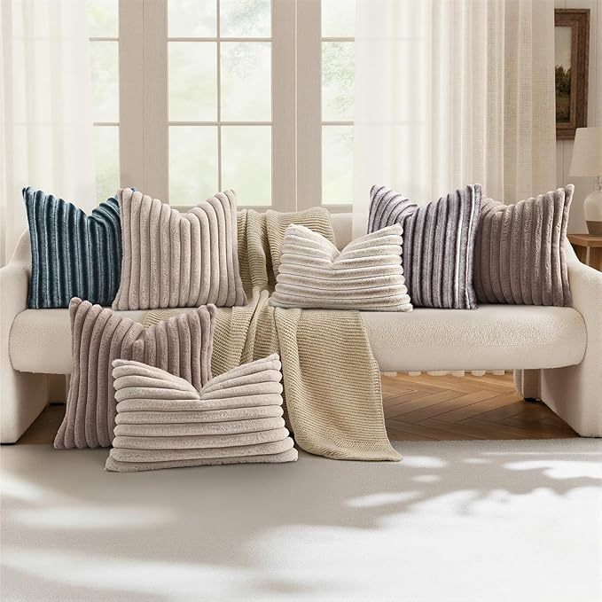 decorUhome Summer Cozy Faux Fur Throw Pillow Covers 16x16 Set of 2 Decorative Soft Plush Striped Modern Farmhouse Boho Couch Pillow Cases with Velvet Back for Sofa Bed Living Room, Beige White