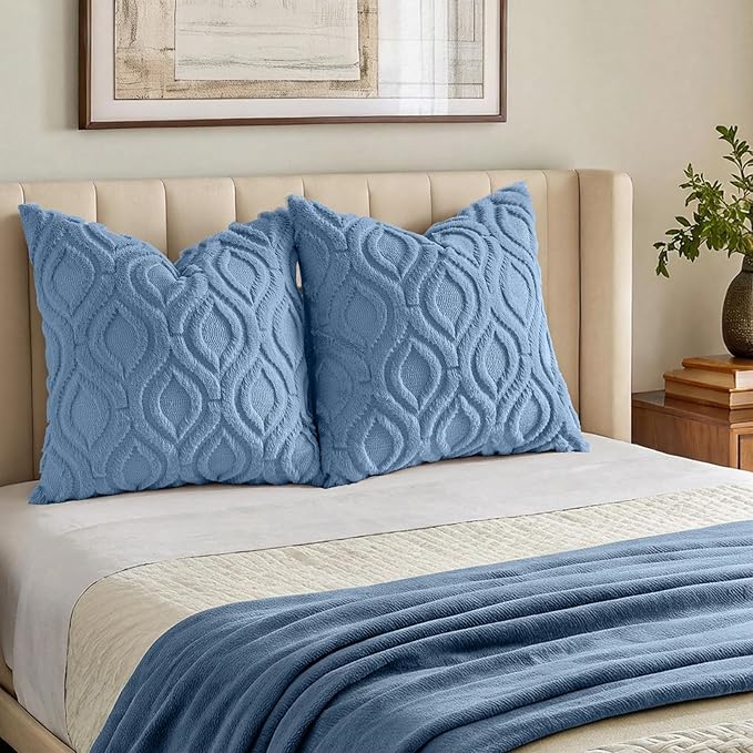 decorUhome Throw Pillow Covers 12x20 Inch Set of 2, Soft Plush Faux Wool Blue Solid Couch Pillow Covers, Accent Farmhouse Neutral Rectangle Pillow Cases for Sofa Bed Living Room