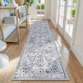 Yamaziot Washable Runner Rug 2x8 – Non Slip Boho Floral Hallway Runner Rug with Rubber Backing, Low Pile Faux Wool Distressed Carpet for Kitchen, Laundry, Bedroom, Entrance, Gray