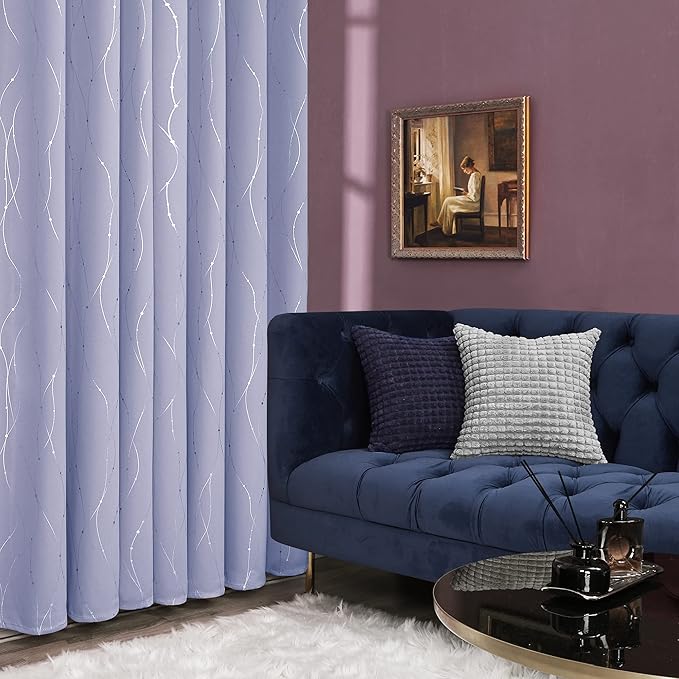 Deconovo Blackout Curtains, Thermal Insulated Soundproof Drapes with Wave Dots Foil Print, 38 x 36 Inch, Set of 2, Machine Washable Window Curtain for Bedroom Living Room Nursery Kitchen, Light Purple