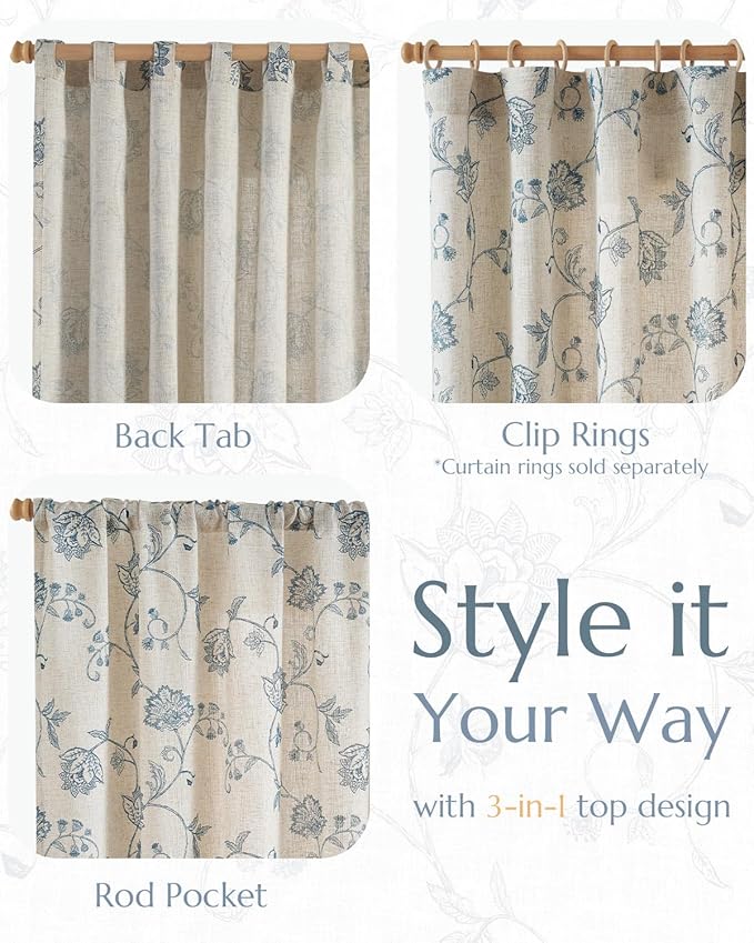 jinchan Linen Curtains Floral Curtain 84 Inch Length for Living Room Bedroom Light Filtering Rod Pocket Back Tab Jacobean Curtains Flax Linen Texture Window Drapes Set 2 Panels Blue on Linen