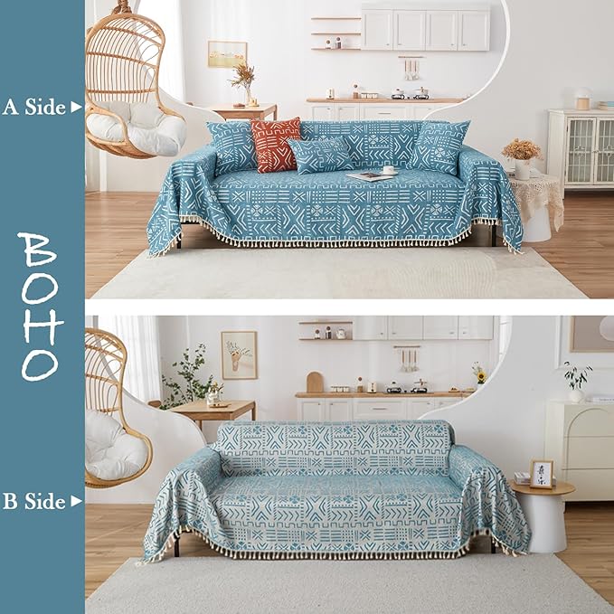 HANDONTIME Turquoise Couch Protector for Dogs Boho Tassel Blue Couch Cover Farmhouse Sofa Covers Aztec Tribal Couch Covers for 3 Cushion Couch Sofa Universal Sofa Slipcover for Home décor, 71" X118"