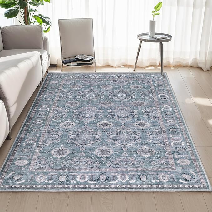 SERISSA 3x5 Boho Floral Area Rugs for Bedroom, Washable Kitchen Rugs Non-Slip, Ultra Soft Print Distressed Vintage Blue Grey Entry Rug Low-Pile Throw Rug Carpet for Bedroom Living Room Dorm Decor