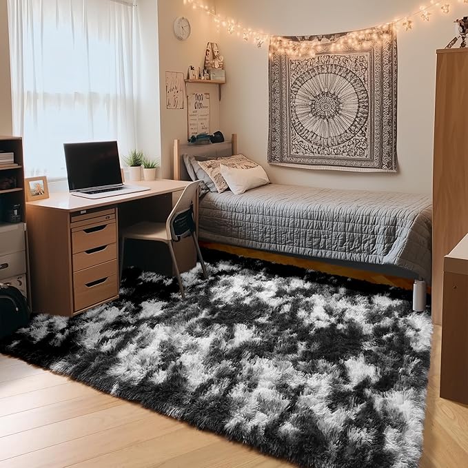 ONASAR Black and White Rugs for Bedroom Living Room, Fluffy 4x6 Indoor Bedside Floor Throw Area Rug, Soft Plush Shaggy Carpet for Nursery Kids Girls Boys Teen Dorm Home Decor Aesthetic