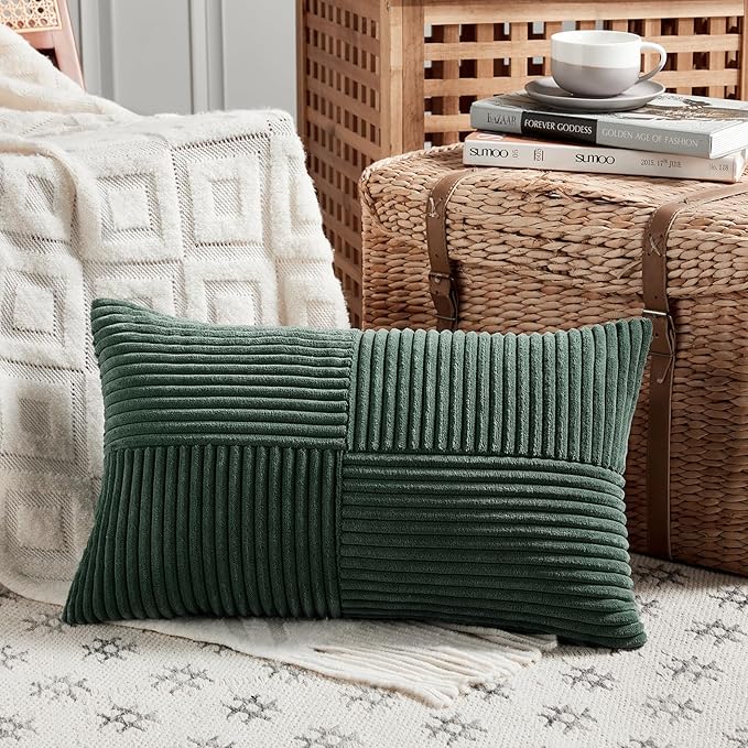 Fancy Homi Set of 2 Dark Green Lumbar Decorative Throw Pillow Covers 16x32 Inch for Living Room Couch Bed, Boho Farmhouse Forest Green Home Decor, Soft Corduroy Corss Patchwork Cushion Case