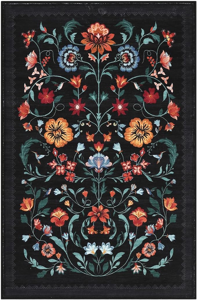 Floral Rug for Entryway 2x3 Rugs Machine Washable Boho Small Area Rug Non-Slip Low-Pile Front Door Soft Mat for Entrance, Bedroom, Kitchen, Laundry, Bathroom, Black