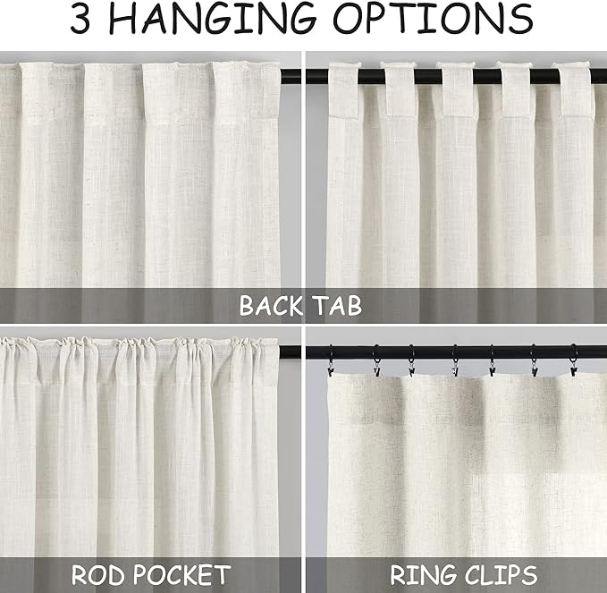 Cream Linen Curtains 129 Inches Long for Living Room Extra Long Back Tab Curtains Neutral Farmhouse Light Filtering Semi Sheer Linen Drapes Ceiling to Floor for Large Window 2 Panels Set 52x129