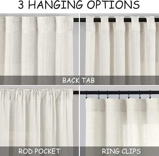Cream Kitchen Curtains 36 Inch Length Set 2 Panel Back Tab Pocket Semi Sheer Light Filtering Short Drapes Linen Modern Farmhouse Curtain Tiers for Cafe Bathroom Basement Small Window 52x36