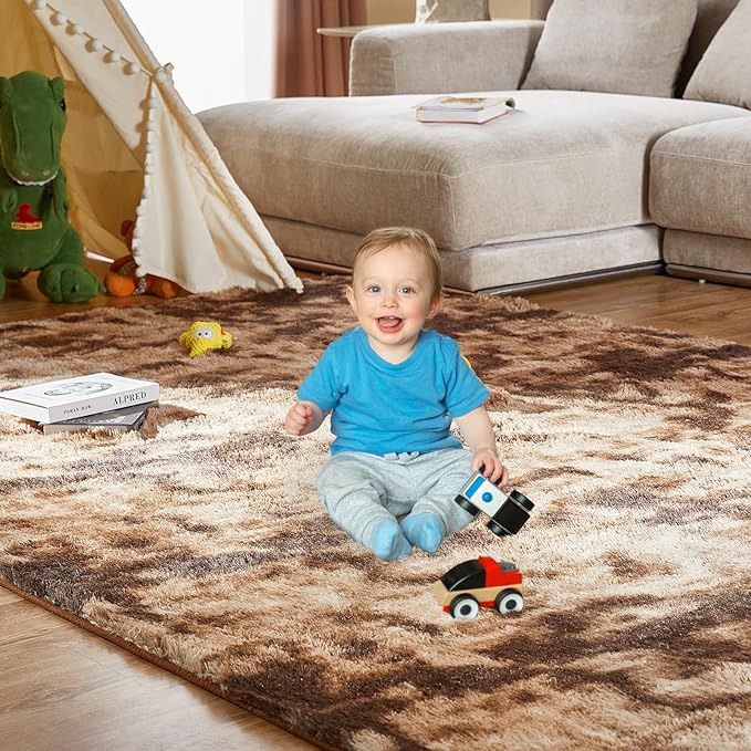Fluffy Shag Area Rugs for Bedroom, 5x7 Ft Tie-Dyed Coffee Upgrade Anti-Skid Rectangular Cozy Rug, Indoor Shag Fuzzy Carpets for Boy and Girls Room Dorm Home Decor Aesthetic