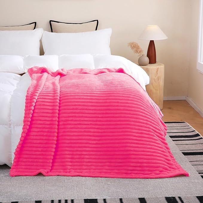 Valentines Day Decorations Hot Pink Fleece Throw Blanket 50”×60” for Couch Sofa,Cozy Plush Microfiber Flannel Blanket with Stripes Design Lightweight Gifts for Adults Woman Girls