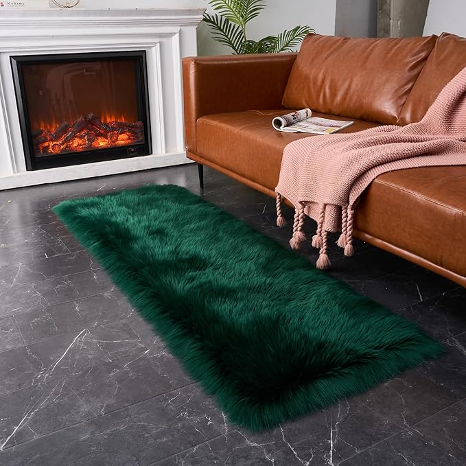 EasyJoy Ultra Soft Fluffy Rugs Faux Fur Rug Chair Cover Seat Pad Fuzzy Area Rug (2x6 ft Rectangle, Dark Green)
