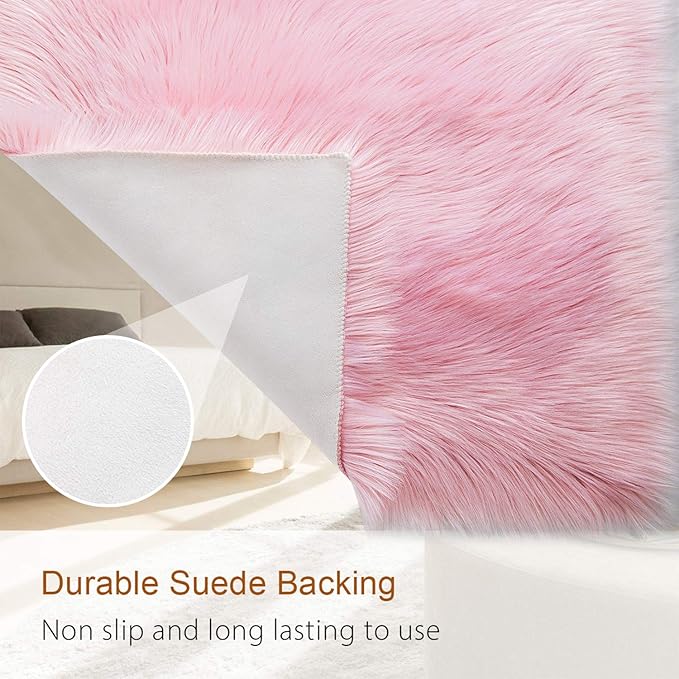 LOCHAS Soft Fluffy Faux Fur Rugs for Bedroom Bedside Rug 2x4 Feet, Washable, Furry Sheepskin Area Rug for Living Room Girls Room, Luxury Shag Carpet Home Decor, Pink