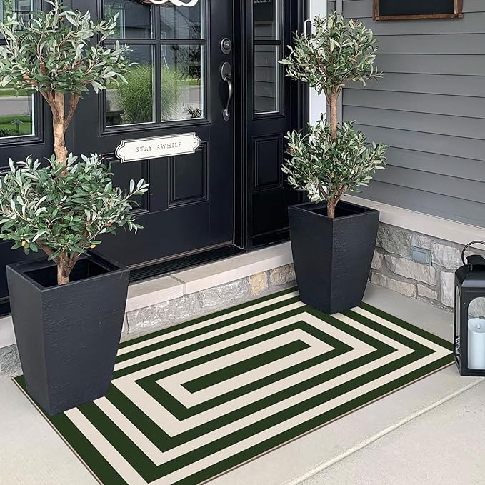 Front Door Mat Indoor Entrance - 2x4.3 Ft Modern Washable Spring Outdoor Door Mat for Layering Porch Rug Non-Slip Green White Geometric Runner Rug for Kitchen Bedroom Laundry Room Porch Decor