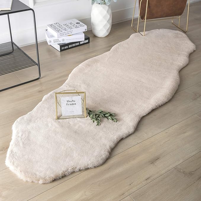 Ashler Faux Fur Rug, Upgraded Soft Faux Rabbit Fur, Beige Area Rugs, 2 x 6 Feet, Machine Washable Nursery Decor Throw Rugs for Bedroom, Kids Room, Living Room