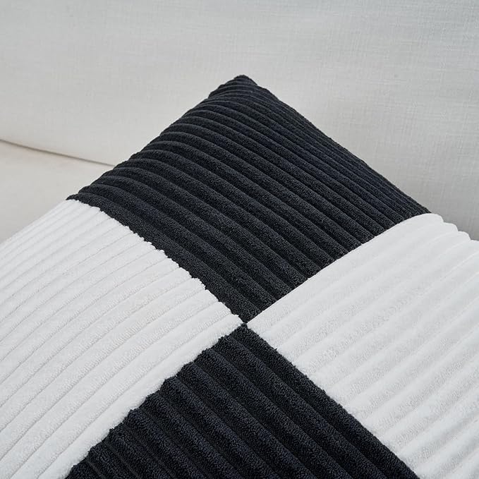 Fancy Homi Set of 2 Black White Decorative Throw Pillow Covers 18x18 Inch with for Couch Bed Sofa Living Room, Soft Cross Patchwork Striped Corduroy Modern Square Cushion Case 45x45 cm