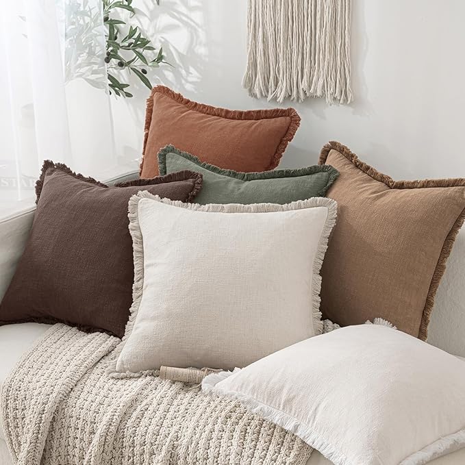 MIULEE Decorative Throw Pillow Covers Neutral Linen Fringe Throw Pillows Euro Shams Set of 2 Dark Brown Boho Farmhouse Cushion Covers for Couch Sofa Bed Living Room Spring Home Decor 24x24 Inch