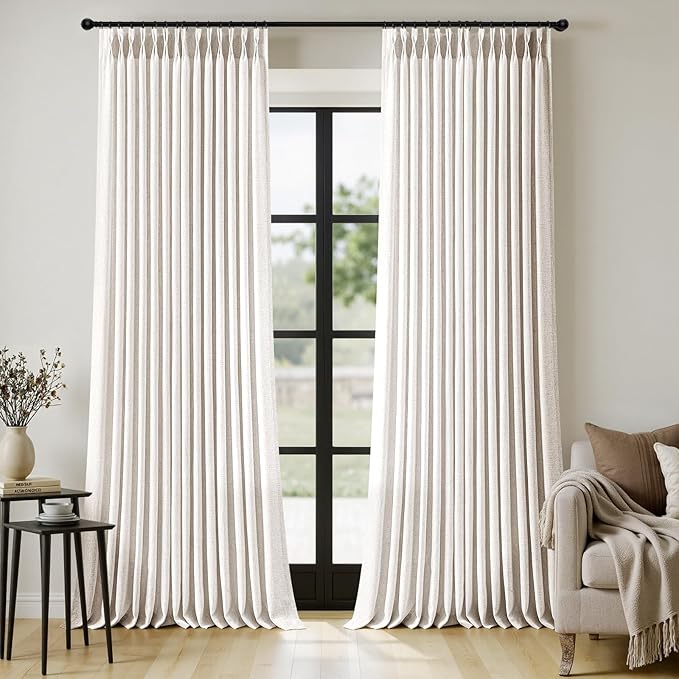 MIULEE Pinch Pleated Thick Linen Curtains 120 Inches Long 2 Panels for Living Room Bedroom, 10Ft Extra Long Thick Textured Linen Drapes Pleat Light Filtering Boho Natural Farmhouse Window Curtains