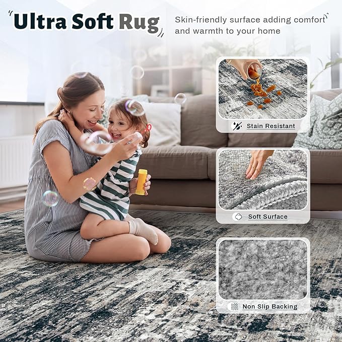 9x12 Area Rug for Living Room, Washable Modern Abstract Large Area Rug Neutral Soft Non Slip Kids Rug Stain Resistant Indoor Carpet for Bedroom Dining Room Playroom Office(BlackGrey, 9'x12')