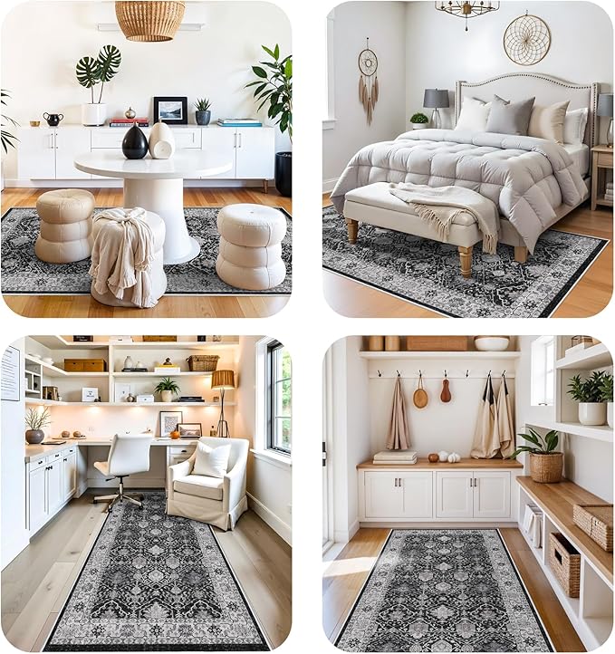 Washable 4x12 Hallway Runner Rug: Vintage Soft Carpet for Living Room Bedroom Stain Resistant Area Rug with Non-Slip Backing for Entryway Kitchen Thin Floor Mat for Bathroom Dining Room(Black,4x12)