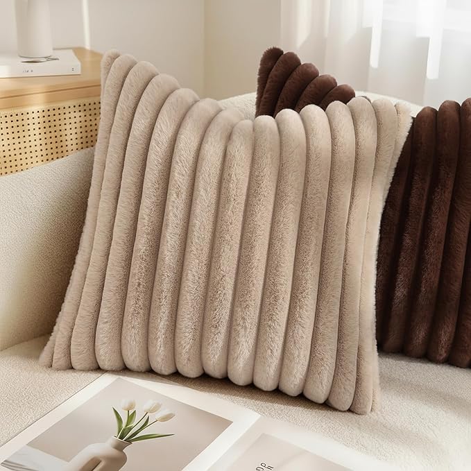 decorUhome Cozy Faux Fur Throw Pillow Covers 22x22 Set of 2 Decorative Soft Plush Striped Modern Farmhouse Boho Couch Euro Sham Pillow Cases with Velvet Back for Sofa Bed Living Room, Khaki Brown
