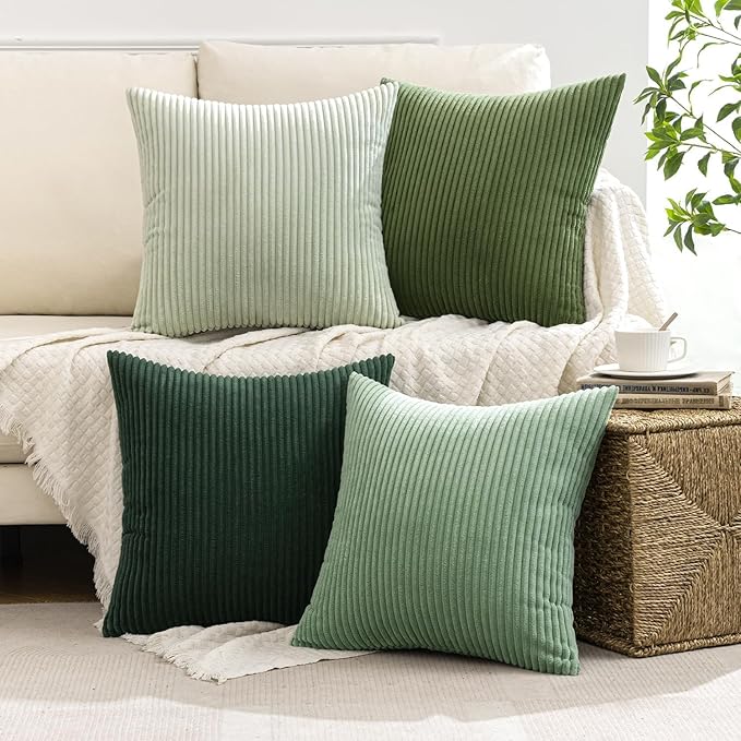 MIULEE Boho Farmhouse Sage Green Throw Pillow Covers 22x22 Inch Set of 4 Mordern Nordic Cushion Covers Soft Corduroy Spring Home Decor for Couch Bed Sofa Living Room Forest Green