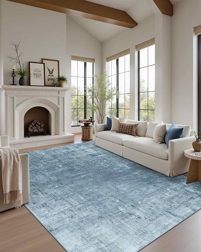 Latte&Fog 5x7 Area Rugs for Living Room Bedroom, Blue Modern Abstract Neutral Washable Rug, Boho Non Slip Low Pile Carpet for Dining Room, Dorm, Classroom, College Dorm, Farmhouse and Kids Room - Blue