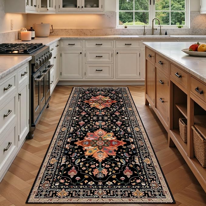 Area Rugs 3'x8' Runner Rug Non Slip Washable for Kitchen Hallway Bedroom Beside Laundry Room Bathroom Rug, Floor Carpet, Black Colorful Floral Dark Tan