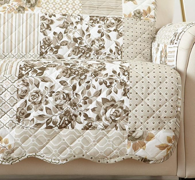 Great Bay Home Reversible Patchwork Sofa Cover - Washable Slipcover Furniture Protector with Elastic Straps - Perfect for Kids & Pets - Box-Stitched Detail (Taupe)