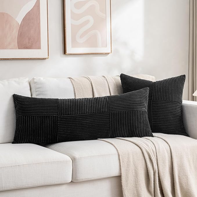 Fancy Homi 2 Packs Black Decorative Throw Pillow Covers 18x18 Inch for Living Room Couch Bed Sofa, Rustic Farmhouse Boho Home Decor, Soft Corss Corduroy Patchwork Textured Square Cushion Case 45x45 cm