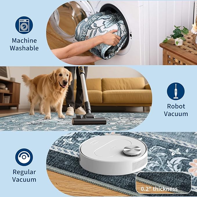 GarveeHome Provence 5x7 Area Rugs, Botanical Grove Vintage Cottagecore Non-Slip Washable Rug for Bedroom Living Room Nursery Kitchen Low-Pile Carpet Retro Blue