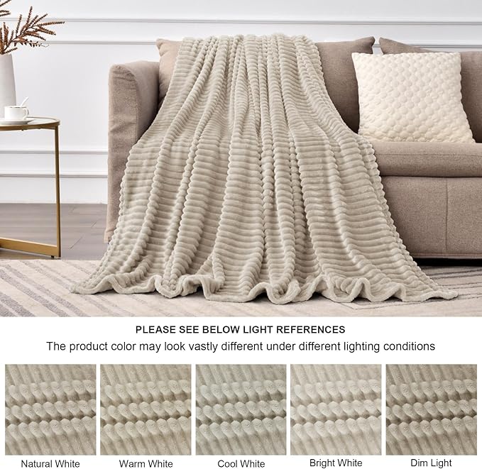 BEDELITE Fleece Blanket Queen Size – 3D Ribbed Jacquard Soft and Warm Decorative Fuzzy Blankets – Cozy, Fluffy, Plush Lightweight Throw Blankets for Couch, Bed, Sofa(Linen, 90x90 inches)