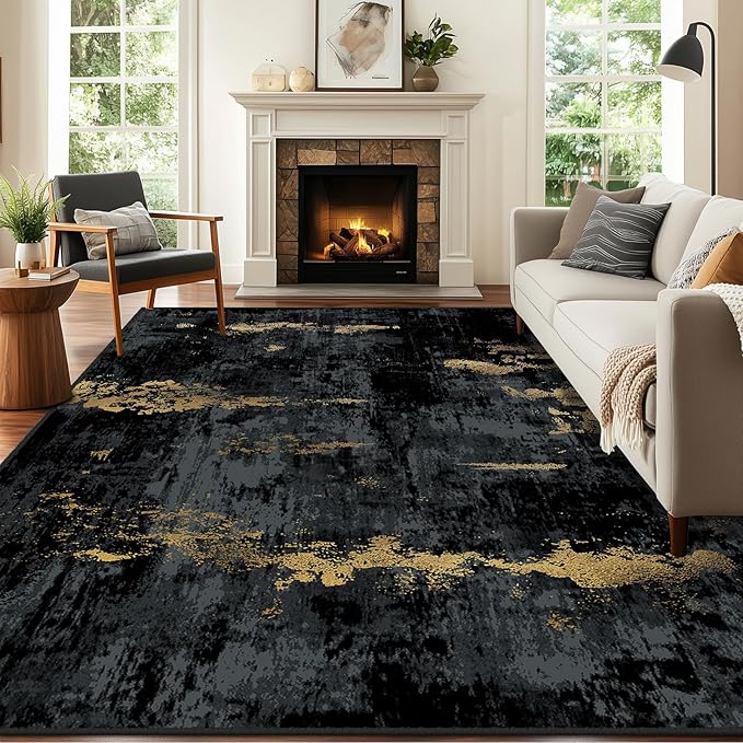 Washable Area Rugs 5'x7' Non-Slip Modern Abstract Soft for Living Room Entryway Bedroom Nursery, Print Pattern, Dark Black Gold