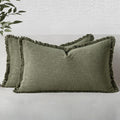 MIULEE Decorative Lumbar Throw Pillow Covers Neutral Linen Fringe Throw Pillows Set of 2 Olive Green Boho Farmhouse Cushion Covers for Couch Sofa Bed Living Room Spring Home Decor 12x20 Inch