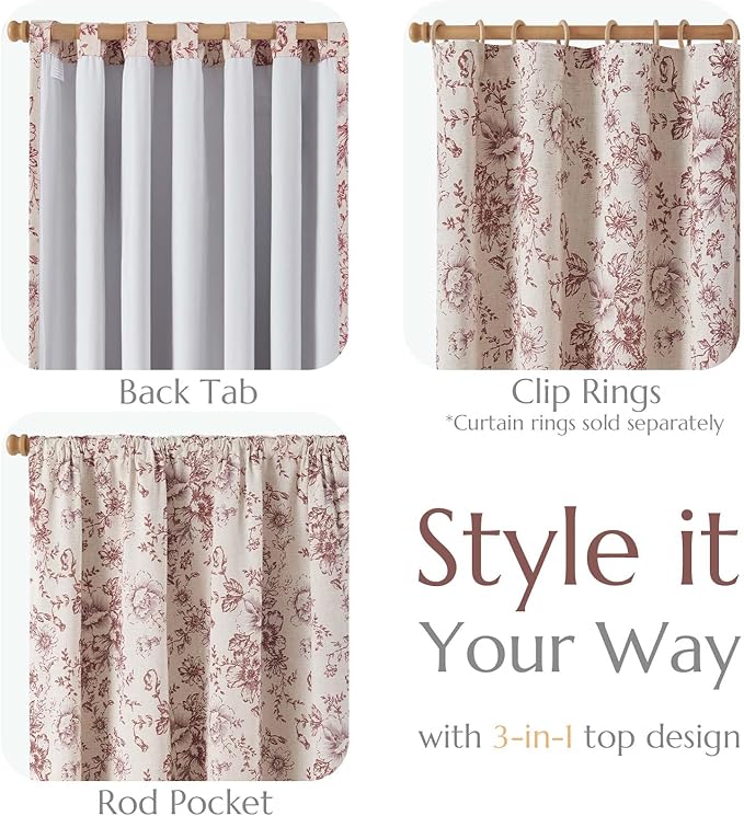 jinchan Blackout Floral Curtains for Living Room Bedroom Linen Blend Curtain Farmhouse Brick Red Printed with Lined Back Tab Rod Pocket Drapes Window Treatments 2 Panels 96 Inch
