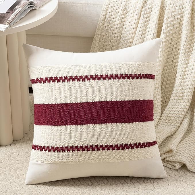 Fancy Homi Set of 1 Burgundy Boho Big Decorative Throw Pillow Covers 24x24 Inch for Couch Bed Sofa, Aesthetic Modern Farmhouse Christmas Room Decor, Soft Cotton Textured Wind Red Cushion Case